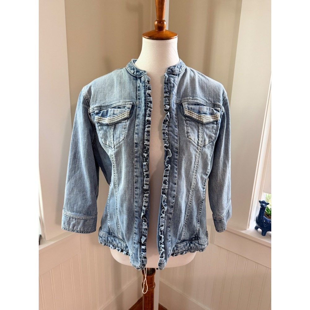 Chico's Platinum Ruffle Denim Jacket Rhinestone Light Wash Size 2 Large - Picture 2 of 16